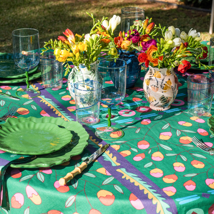 Green Floral Linen Tablecloth