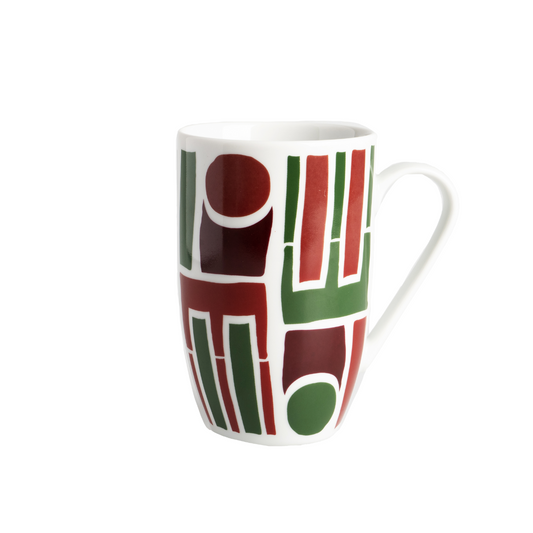Porcelain mug with abstract geometric shapes in a bold color palette.