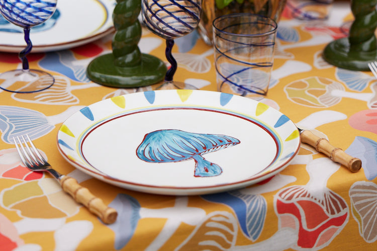 Mushroom Hand-Painted Blue Ceramic Dinner Plate
