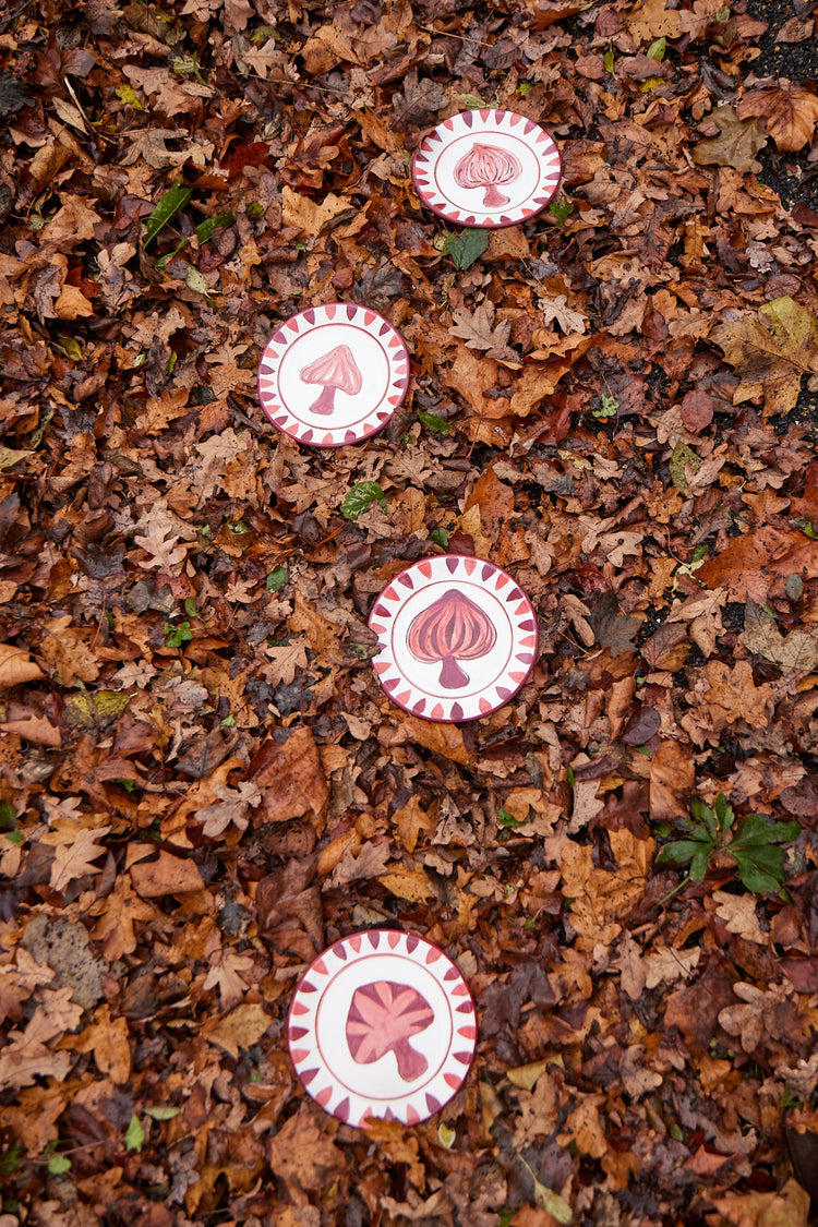 Mushroom Hand-Painted Bordeaux Ceramic Dessert Plate