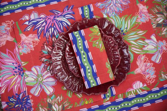 Flower Fields Red Linen Tablecloth