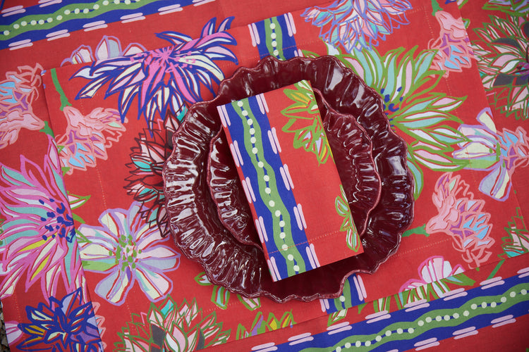 Flower Fields Red Linen Tablecloth