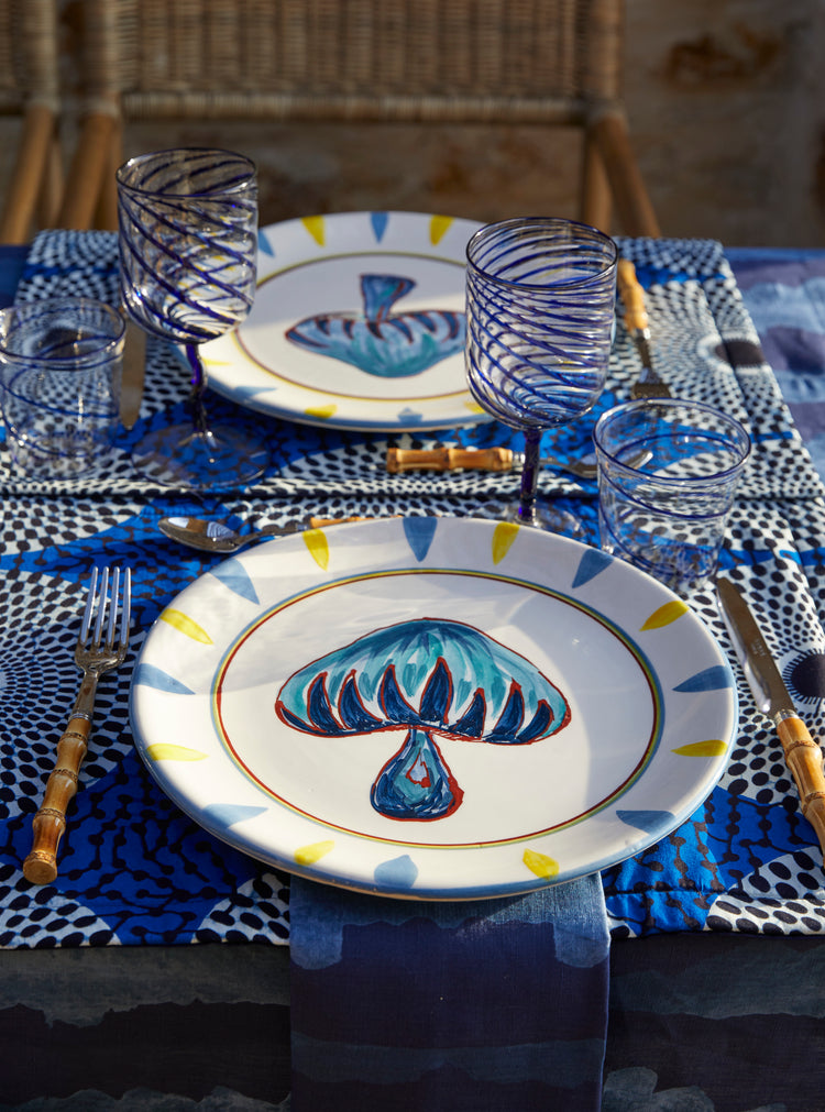 Mushroom Hand-Painted Blue Ceramic Dinner Plate