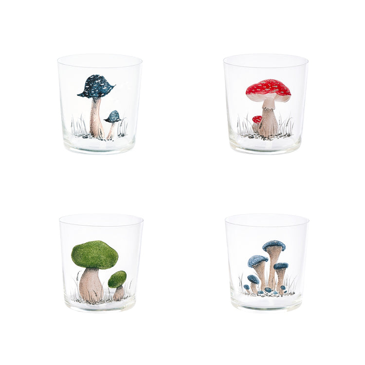 Set of 4 Mushrooms Hand-Painted Tumbler Glasses