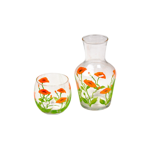 Bedside Water Carafe & Glass Set Hand-Painted Poppy Orange