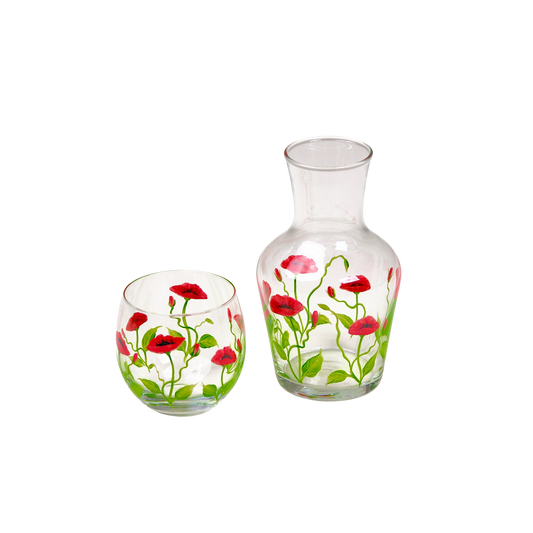 Bedside Water Carafe & Glass Set Hand-Painted Poppy Red