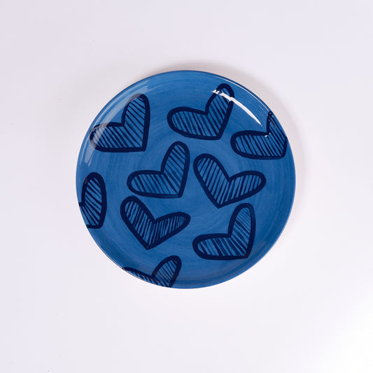 Hearts Hand-Painted Blue Ceramic Dinner Plate