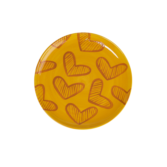 Hearts Hand-Painted Yellow Ceramic Dinner Plate