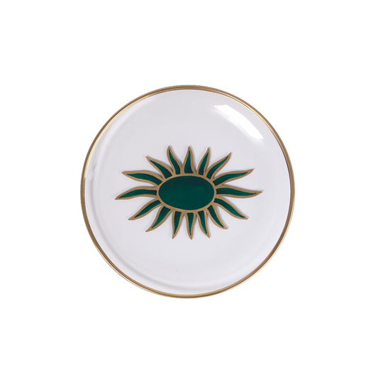 Sun Hand-Painted Green Glass & Gold Dessert Plate
