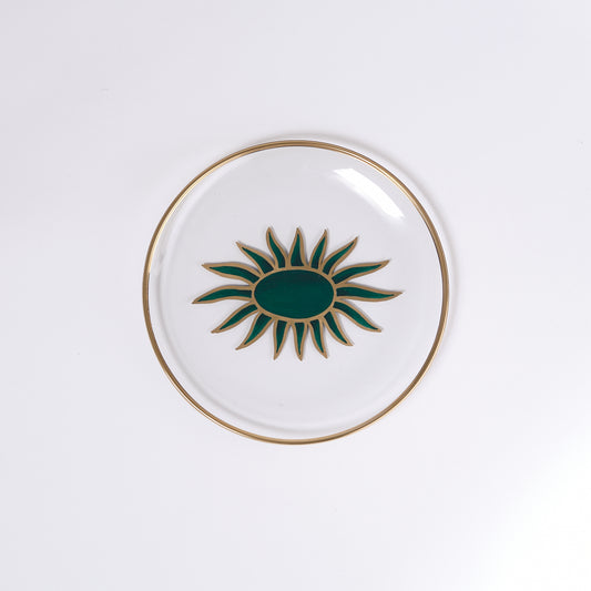 Sun Hand-Painted Green Glass & Gold Dinner Plate