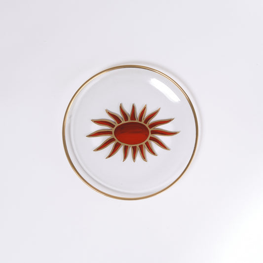 Sun Hand-Painted Red & Gold Glass Bread Plate
