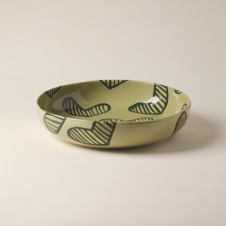 Hearts Hand-Painted Green Ceramic Salad Bowl