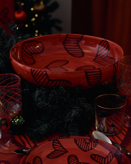 Hearts Hand-Painted Red Ceramic Cake Stand