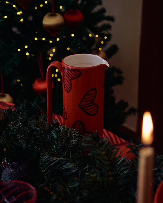 Hearts Ceramic Hand-Painted Red Tall Carafe