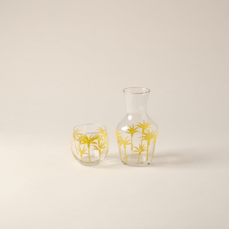 Bedside Water Carafe & Glass Set Hand-Painted Yellow Palm Trees