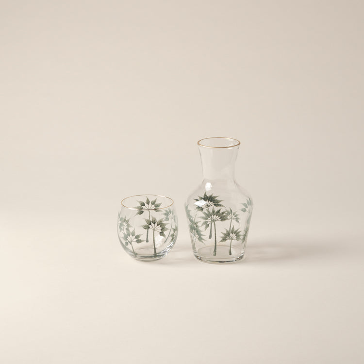 Bedside Water Carafe & Glass Set Hand-Painted Green Palm Trees