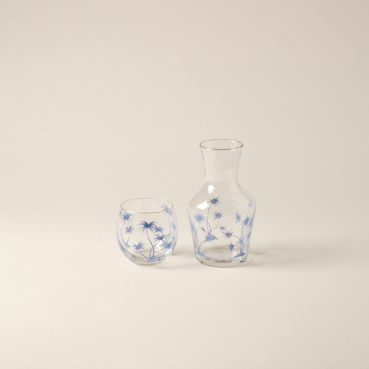 Bedside Water Carafe & Glass Set Hand-Painted Blue Palm Trees