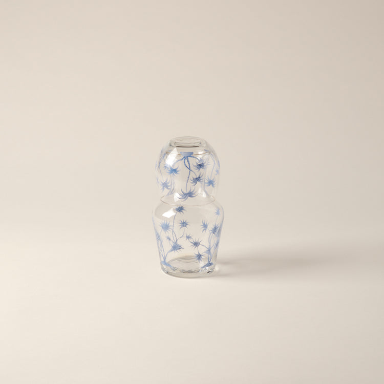 Bedside Water Carafe & Glass Set Hand-Painted Blue Palm Trees