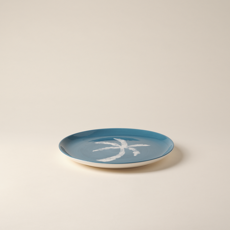 Palm Tree Hand-Painted Blue Ceramic Dinner Plate
