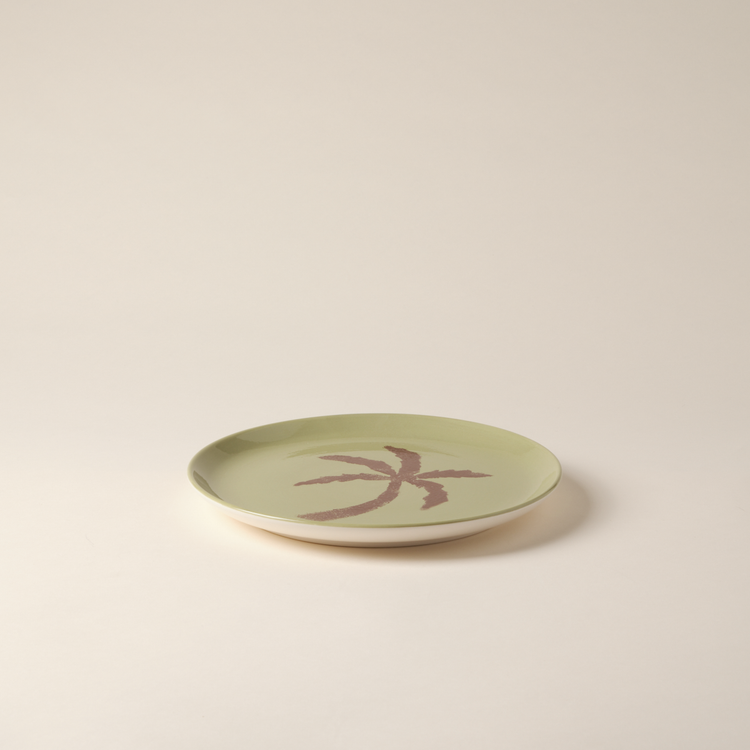 Palm Tree Hand-Painted Green Ceramic Dinner Plate