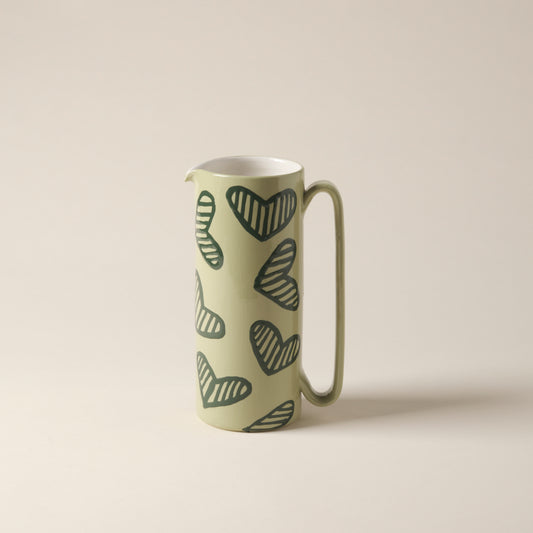 Hearts Hand-Painted Green Ceramic Tall Carafe