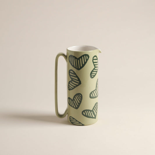 Hearts Hand-Painted Green Ceramic Tall Carafe