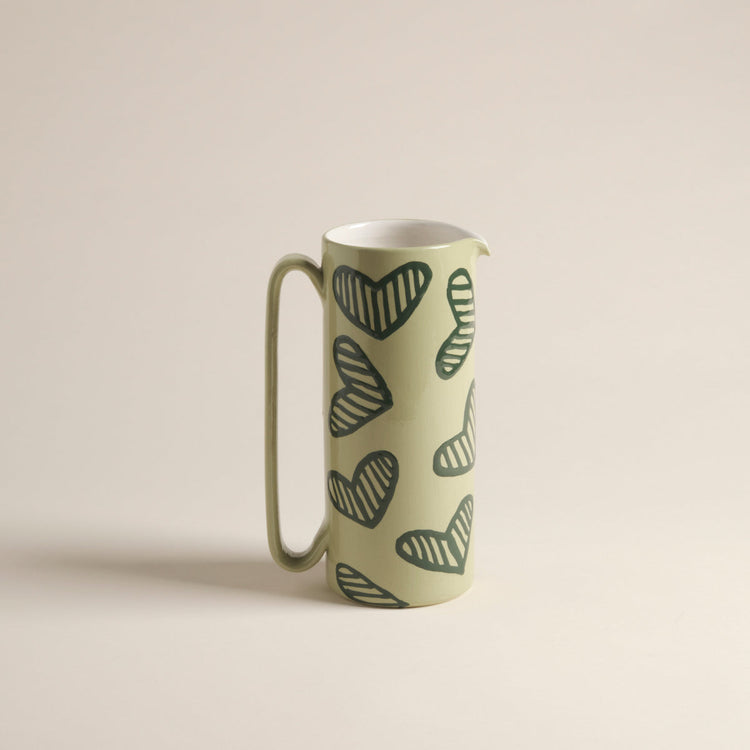 Hearts Hand-Painted Green Ceramic Tall Carafe
