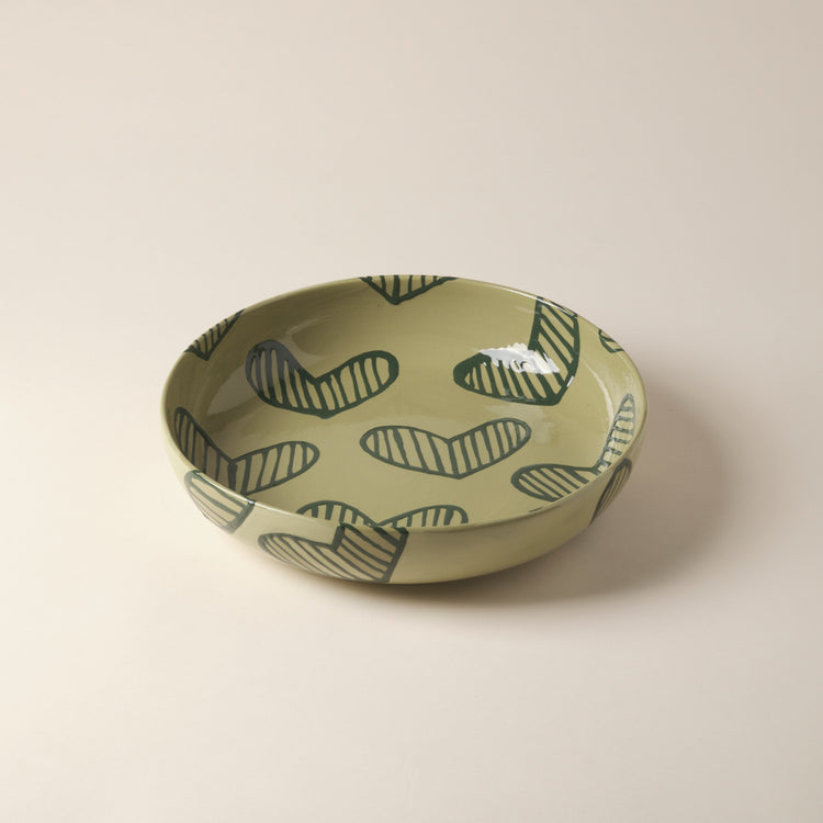 Hearts Hand-Painted Green Ceramic Salad Bowl