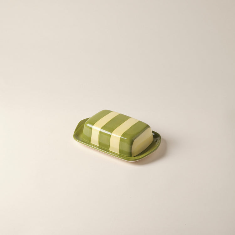 Striped Lime & Green Ceramic Butter Dish