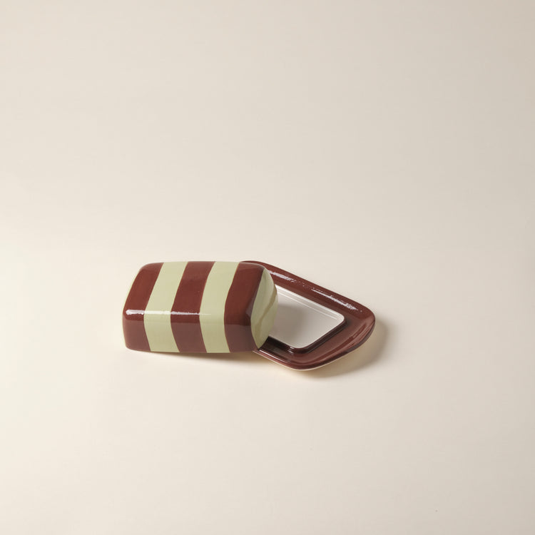 Striped Brown & Green Ceramic Butter Dish