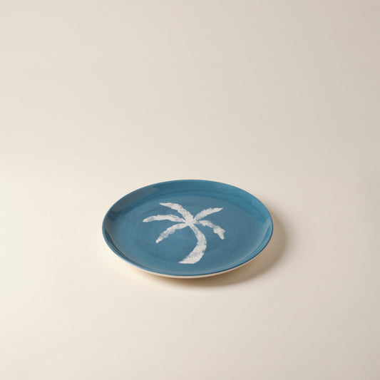 Palm Tree Hand-Painted Blue Ceramic Dessert Plate