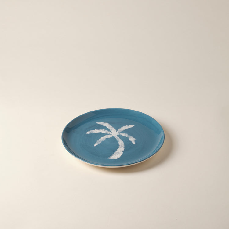 Palm Tree Hand-Painted Blue Ceramic Dessert Plate