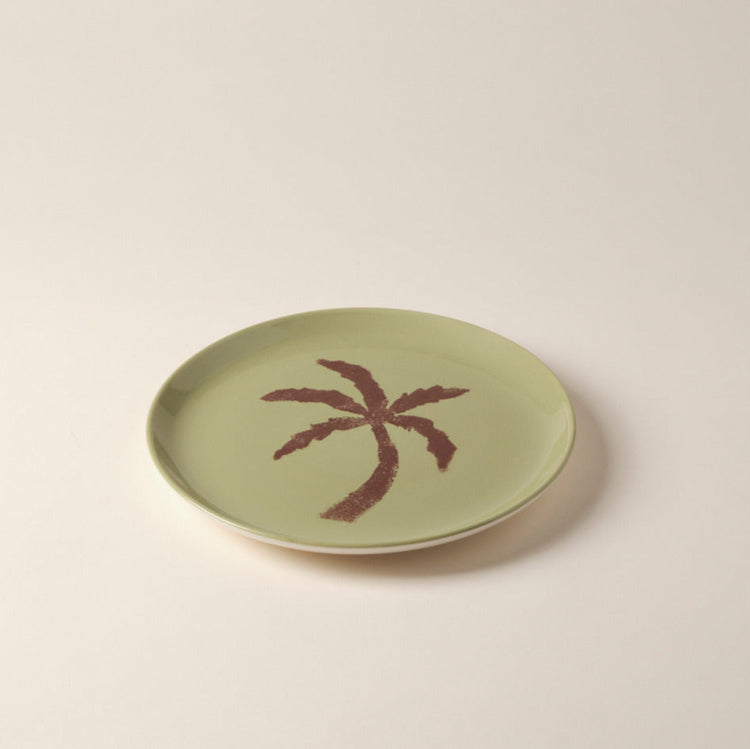 Palm Tree Hand-Painted Green Ceramic Dinner Plate
