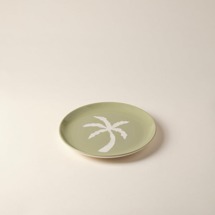 Palm Tree Hand-Painted Olive Ceramic Dessert Plate