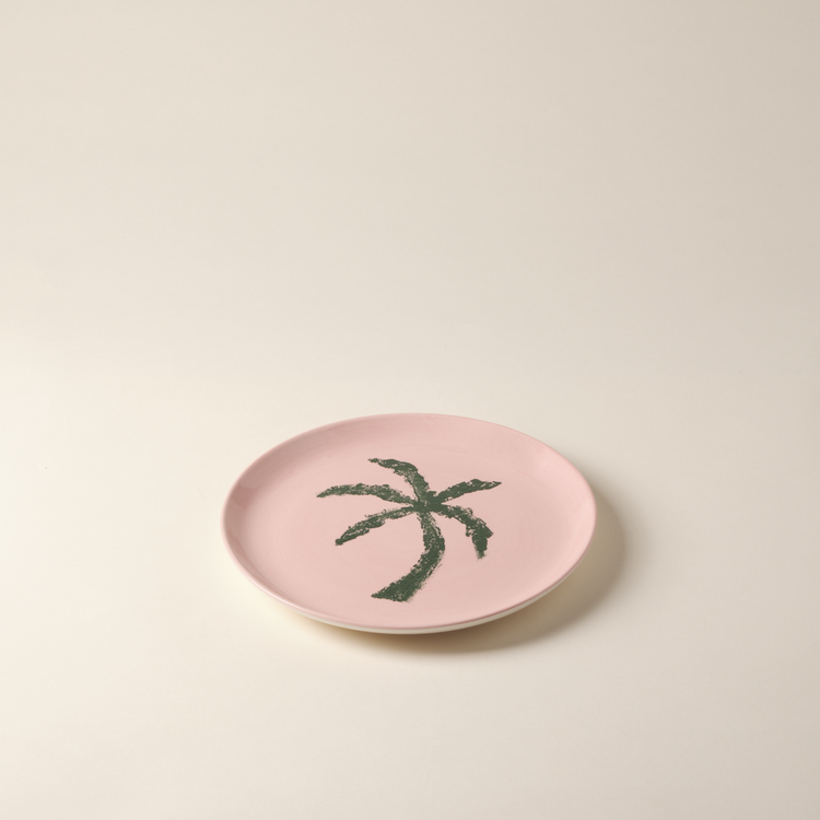 Palm Tree Hand-Painted Pink & Green Ceramic Dessert Plate