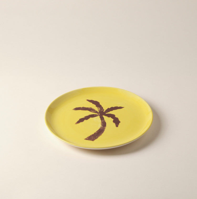 Palm Tree Hand-Painted Yellow Ceramic Dinner Plate