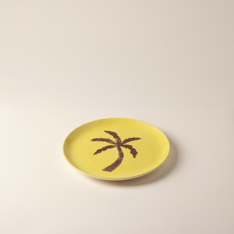 Palm Tree Hand-Painted Yellow Ceramic Dessert Plate