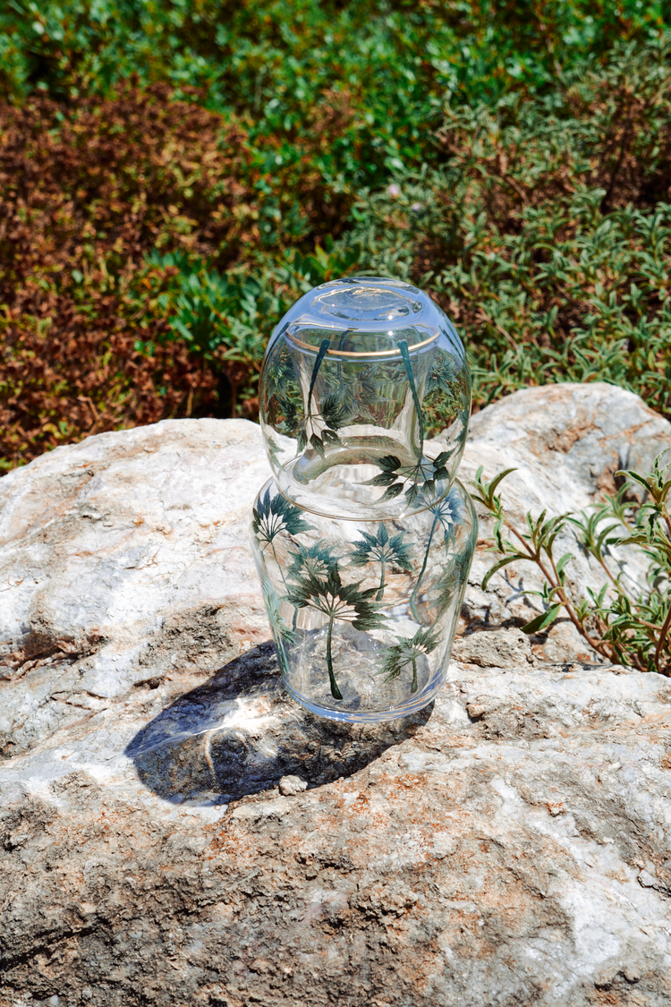 Bedside Water Carafe & Glass Set Hand-Painted Green Palm Trees