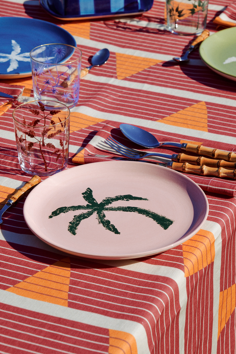 Palm Tree Hand-Painted Pink Ceramic Dinner Plate