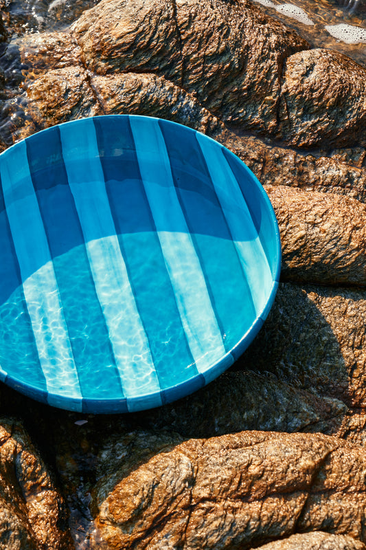Striped Turquoise Ceramic Salad Bowl