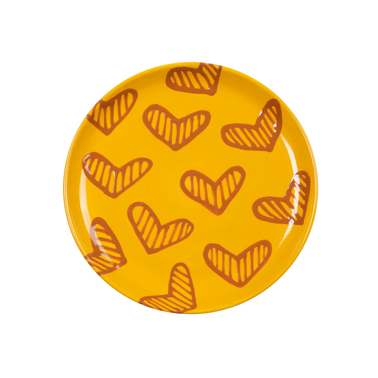Hearts Hand-Painted Yellow Ceramic Large Platter