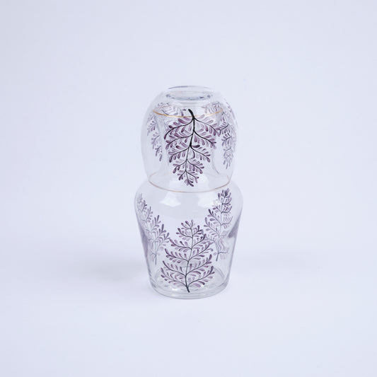 Bedside Water Carafe & Glass Set Hand-Painted Aubergine Leaves