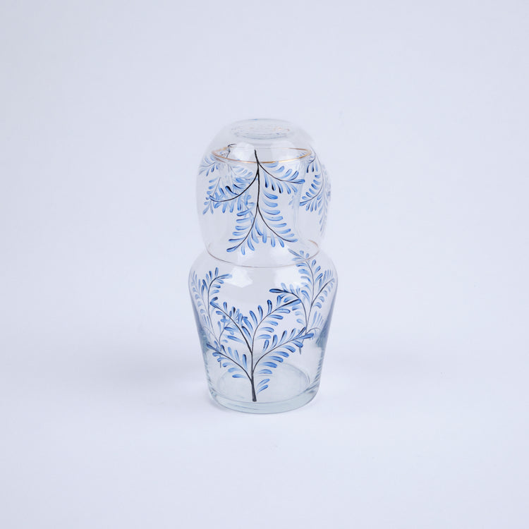 Bedside Water Carafe & Glass Set Hand-Painted Blue Leaves