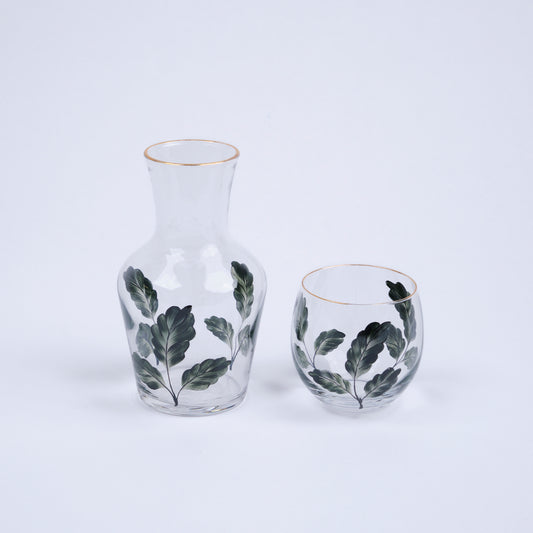 Bedside Water Carafe & Glass Set Hand-Painted Dark Green Leaves