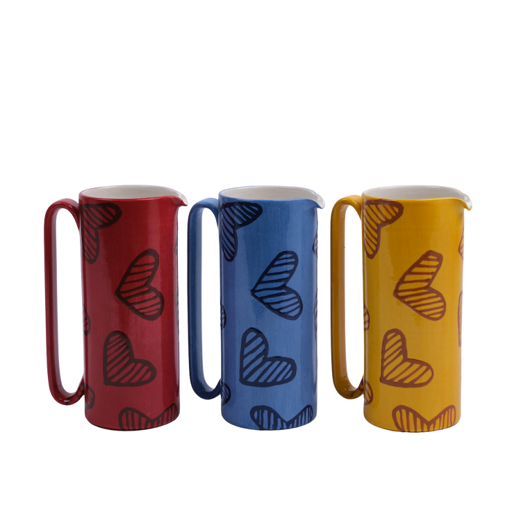 Hearts Hand-Painted Yellow Ceramic Tall Carafe