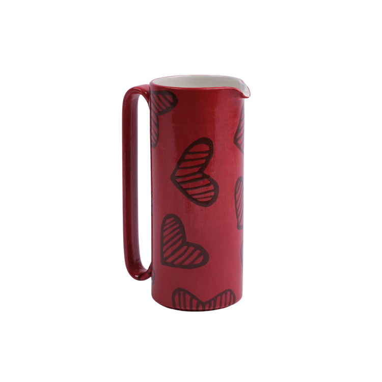 Hearts Hand-Painted Red Ceramic Tall Carafe