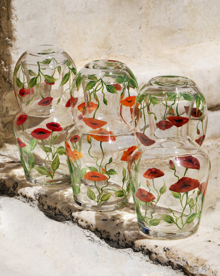 Bedside Table Water Hand-painted Glass Set Poppy Bordeaux