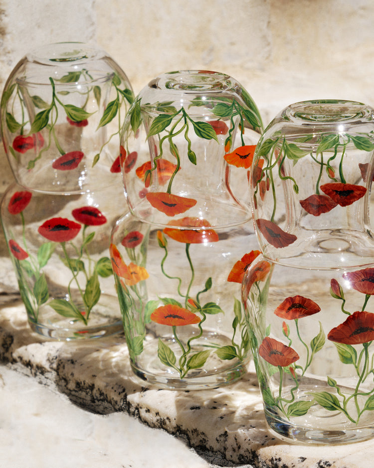 Bedside Table Water Hand-painted Glass Set Poppy Red