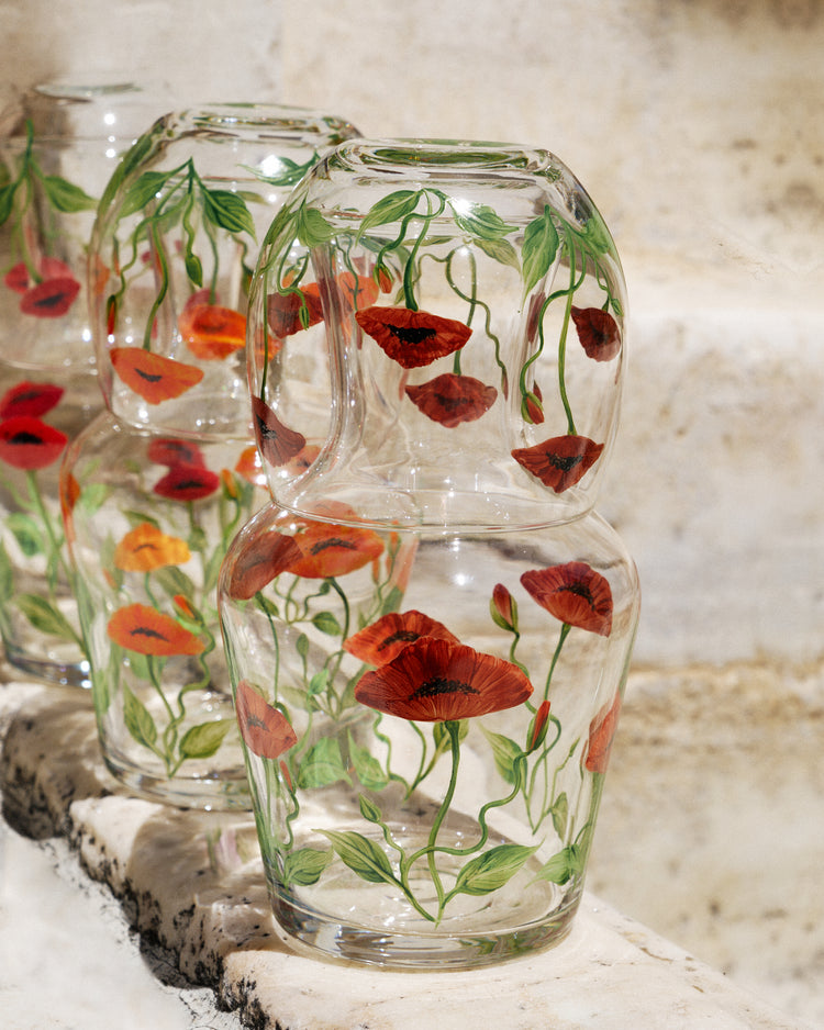 Bedside Table Water Hand-painted Glass Set Poppy Bordeaux