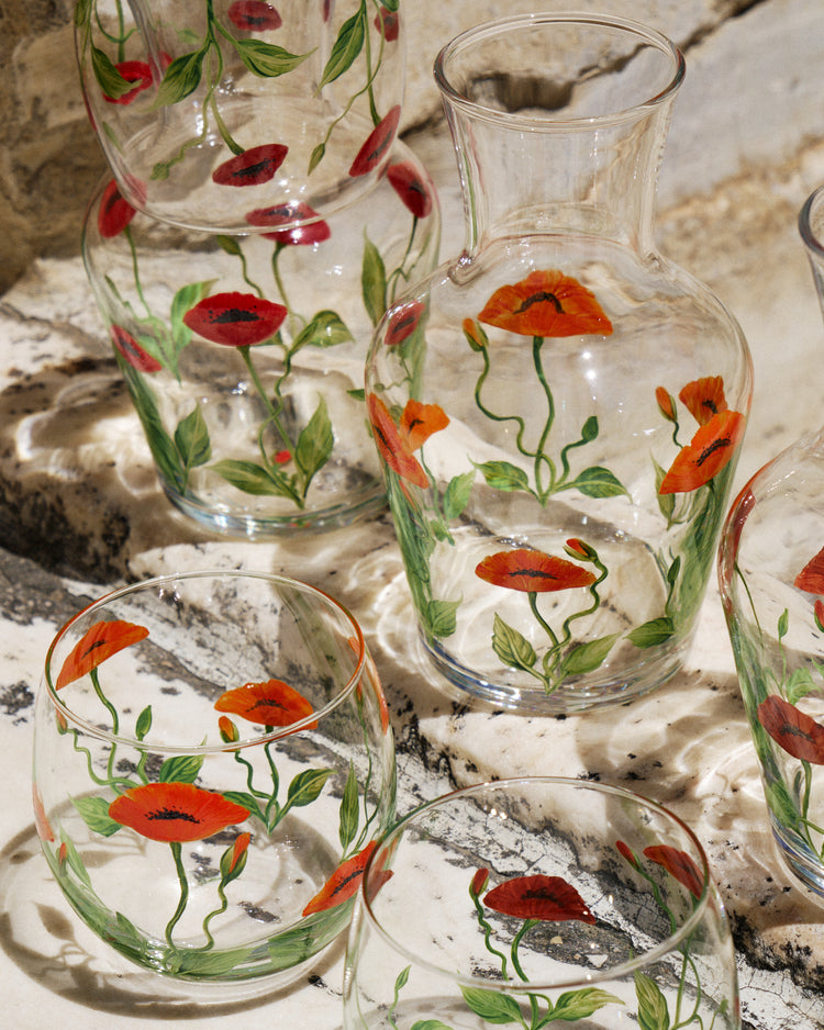 Bedside Water Carafe & Glass Set Hand-Painted Poppy Red